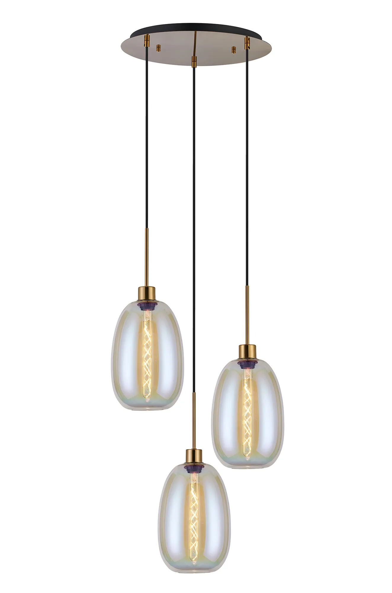 Lori 40cm Round Pendant, 3 Light Adjustable E27, Antique Gold/Iridescent Slim Curved Trapezium Shades DK1175  Deco Lori Antique Gold